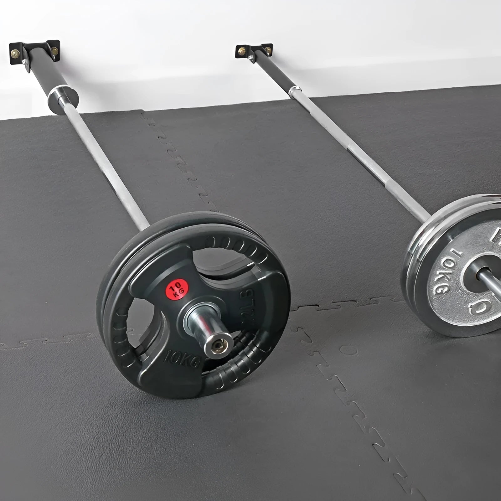 Steel wall-mounted barbell rod rack holding 25 tubes vertically.