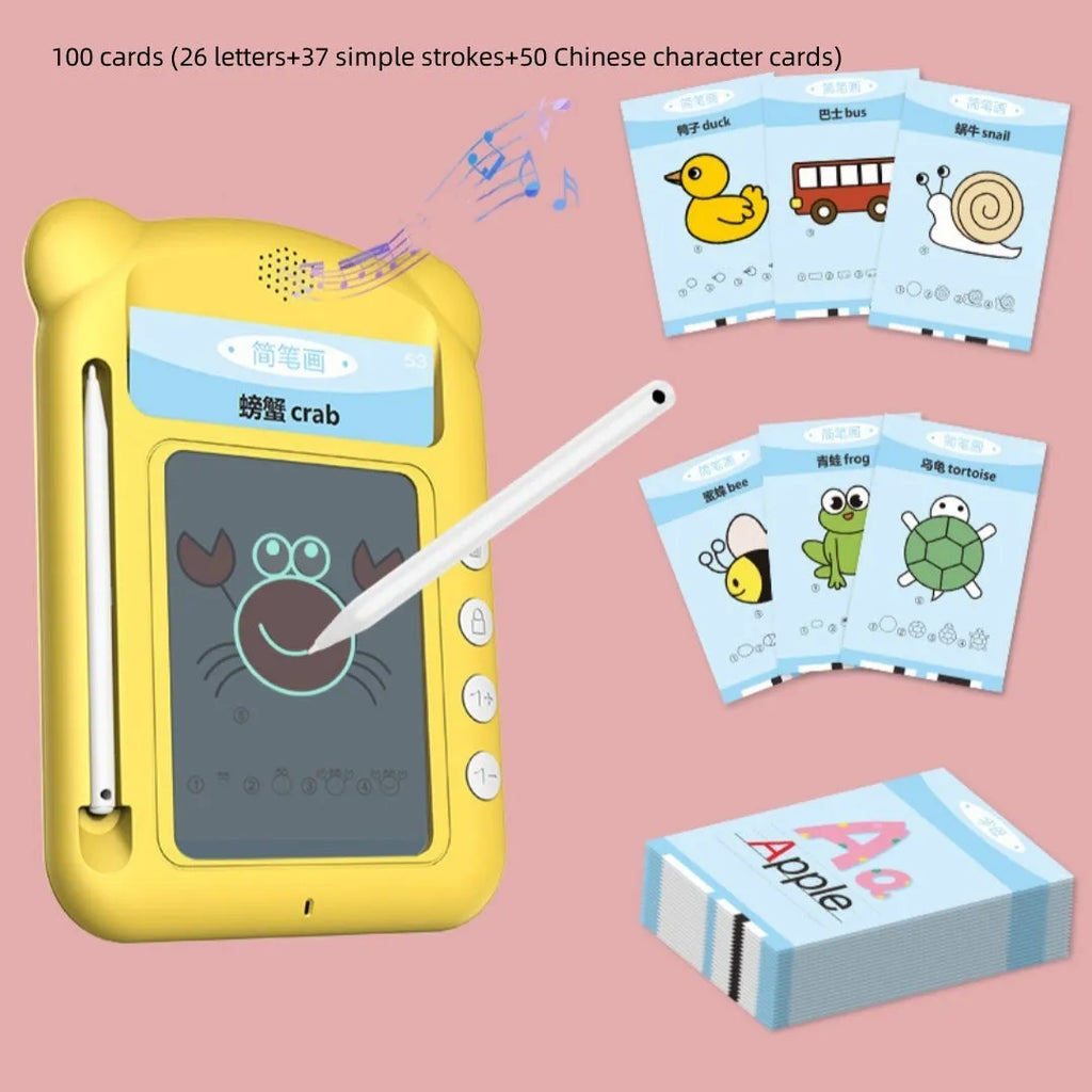 Yellow bilingual early learning machine with stick figure design and learning cards