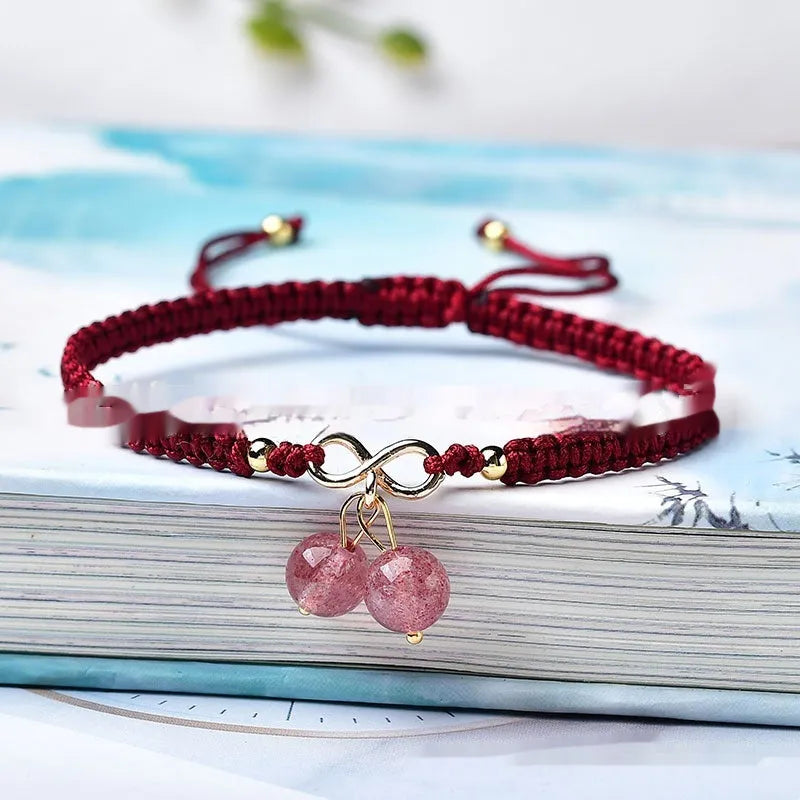 Natural strawberry quartz bracelet for women with cherry fruit charm and crystal beads