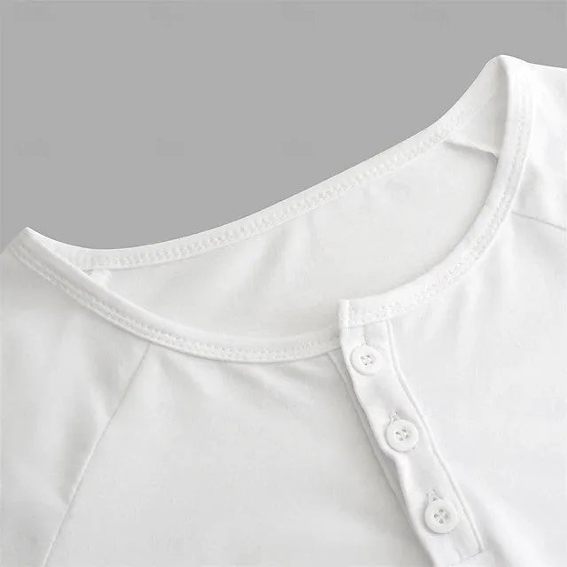 Men's white Henry collar long sleeve T-shirt with cotton blend fabric on hanger