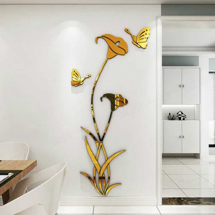 Lily flower 3D acrylic wall sticker in pink colour with dimensional stereo design