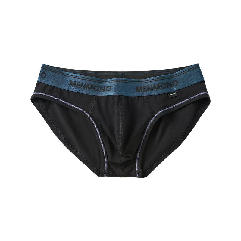 Men's low waist cotton briefs showing solid colour block design in various two-tone combinations.