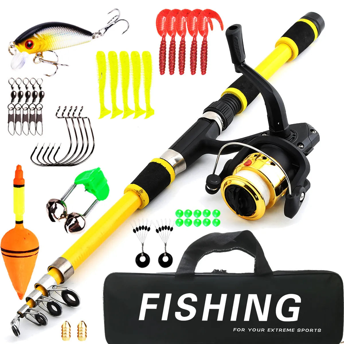 Children's beginner fishing rod set with pole and wheel in blue, green, red, or yellow colour options
