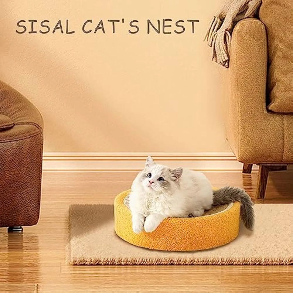 Yellow round sisal cat scratching board with integrated sleeping area for small breed cats