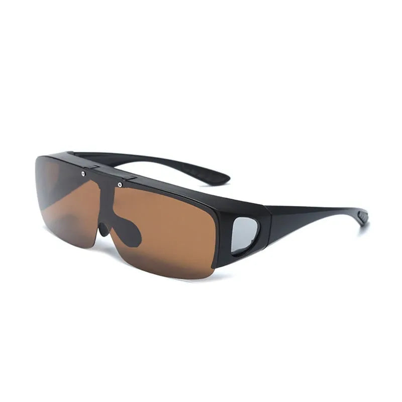Sporty polarised myopia sunglasses with multiple interchangeable lenses including black, grey, and night vision, on a dark background.