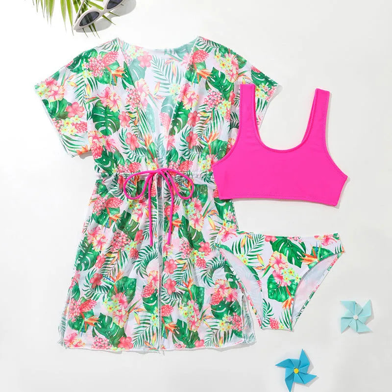 Girls' floral two-piece swimsuit in high-elasticity polyester fabric