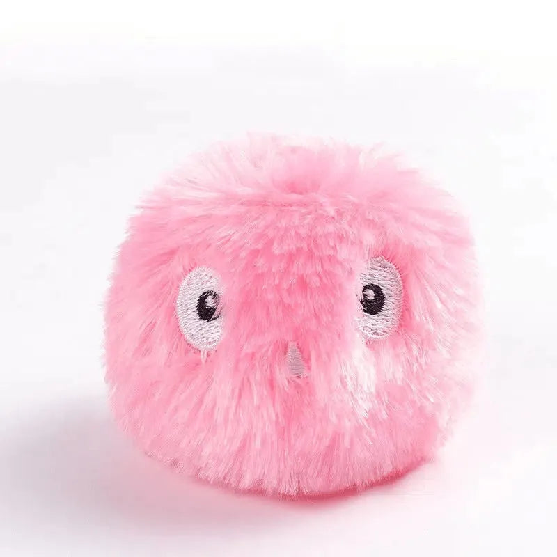 Interactive cat toy ball in blue, pink, and yellow colours with animal sound features