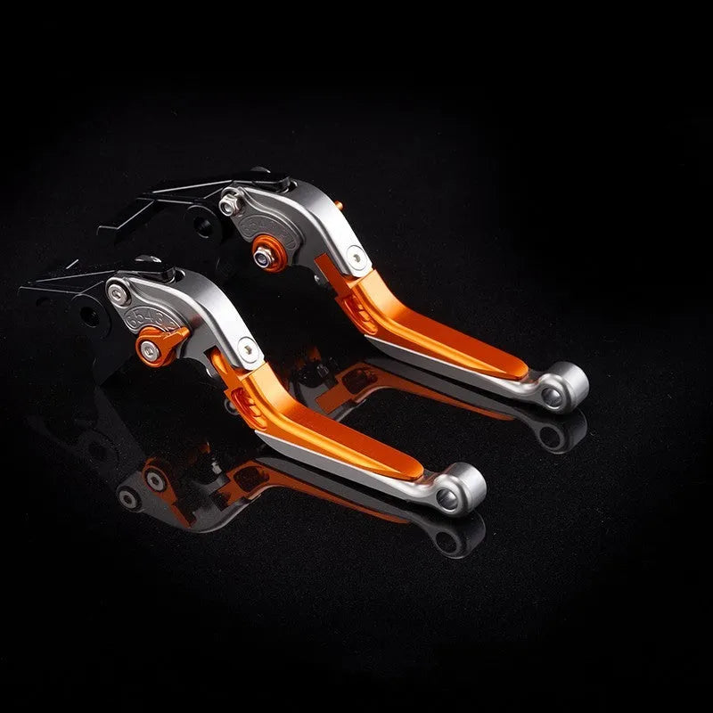 Pair of anodised metal motorcycle brake and clutch levers with adjustable length mechanism