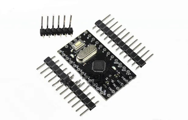 Mini Pro microcontroller development board with Atmega328P chip and labelled pin headers.
