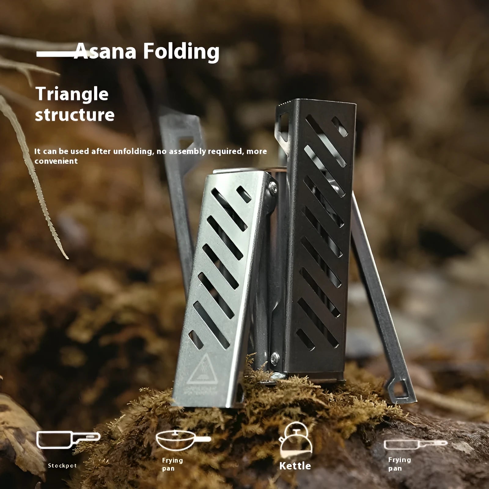 Hexagon-shaped foldable alcohol camping stove in black or silver, measuring 9.5x8.5x15cm
