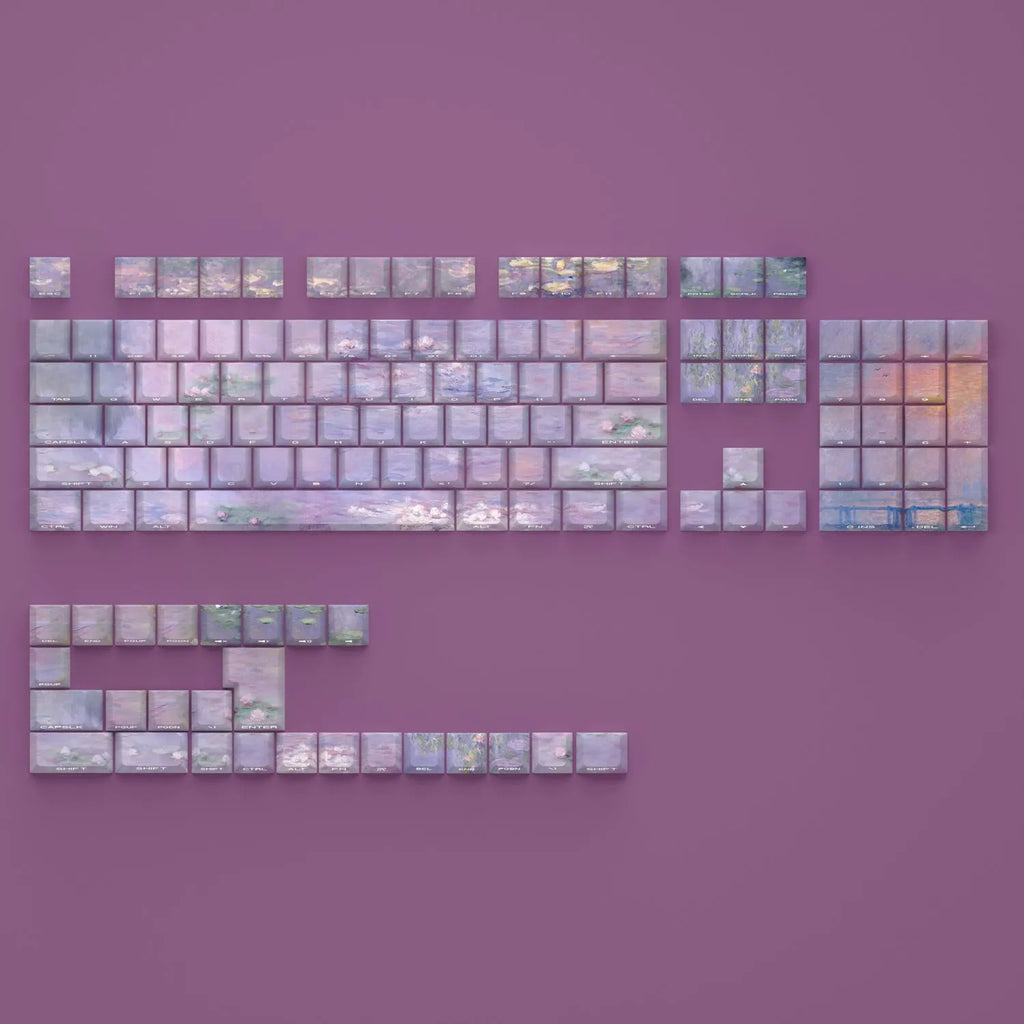 Wenshao Sleeping Lotus PBT key cap set showing side-carved transparent characters and complete 130-key layout