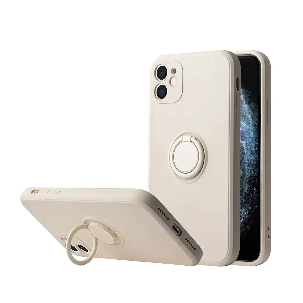 Liquid silicone phone case with a flip-out bracket for Apple iPhone 12, shown in a choice of colours.