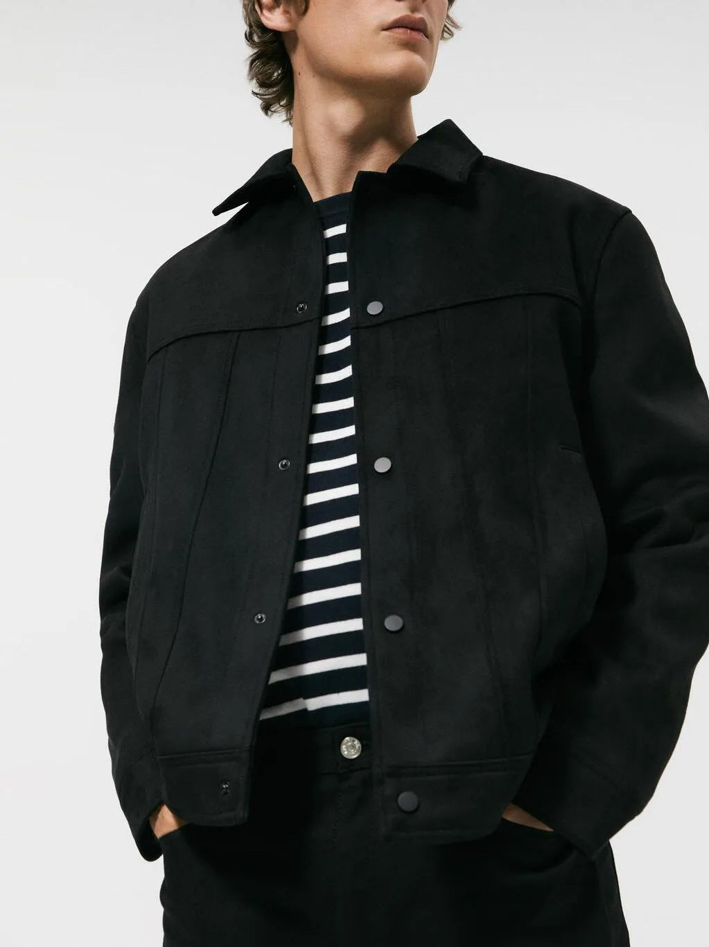 Men's black hooded jacket with a suede collar, showing side seam pockets and long sleeves.