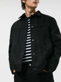 Men's black hooded jacket with a suede collar, showing side seam pockets and long sleeves.