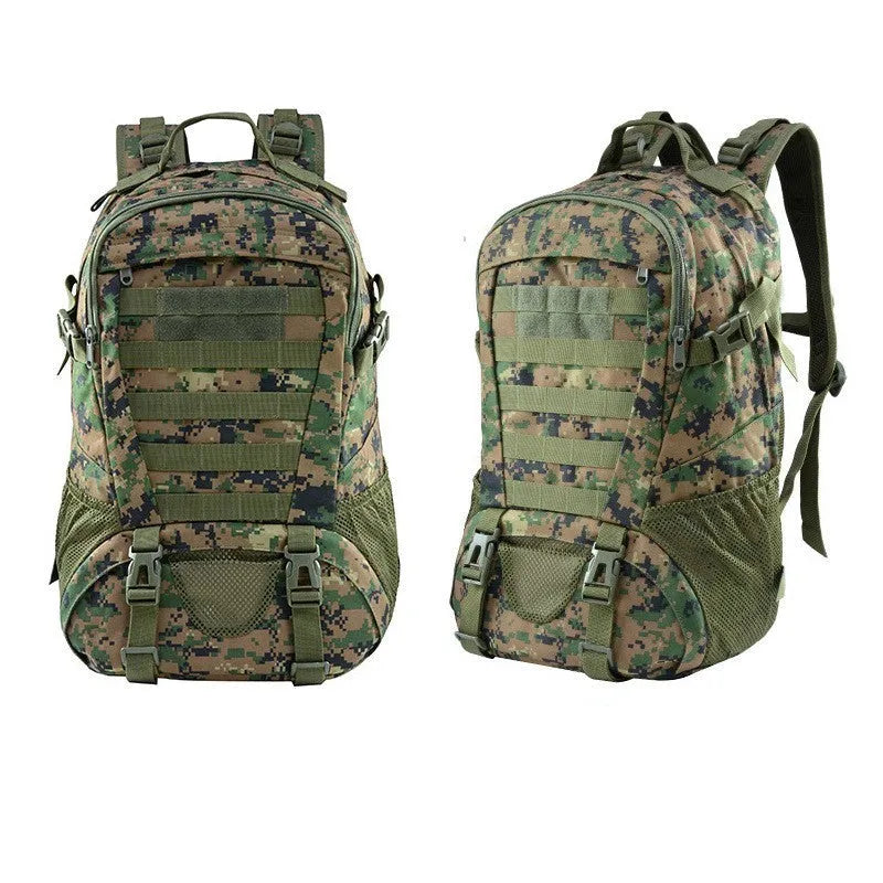 Green Oxford cloth mountaineering backpack with air pillow belt, shown with a large main compartment.