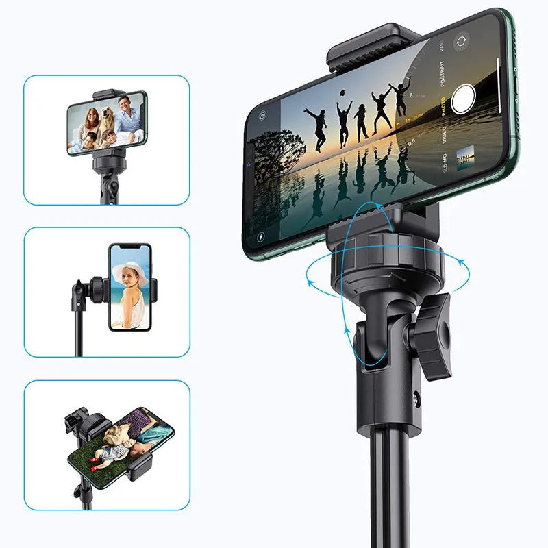 Black aluminium selfie stick tripod extended for use with an Apple iPhone.