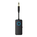 Black Bluetooth 5.4 audio adapter with a 3.5mm plug for wireless car and home stereo connectivity.