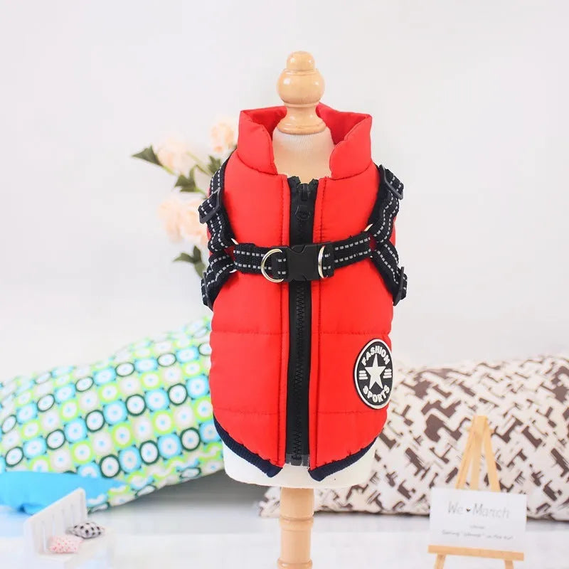 Red waterproof dog coat with integrated harness on a Labrador.