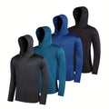 Four men's lightweight hoodies folded, showing elastic polyester fabric and available colour options.