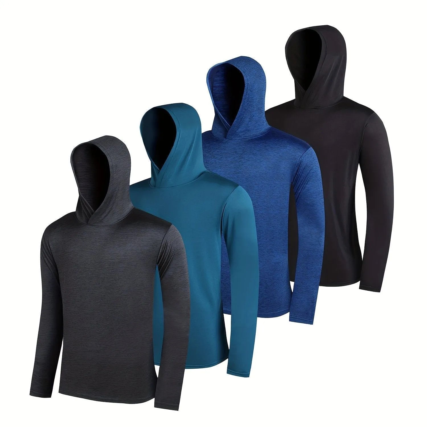 Four men's lightweight hoodies folded, showing elastic polyester fabric and available colour options.