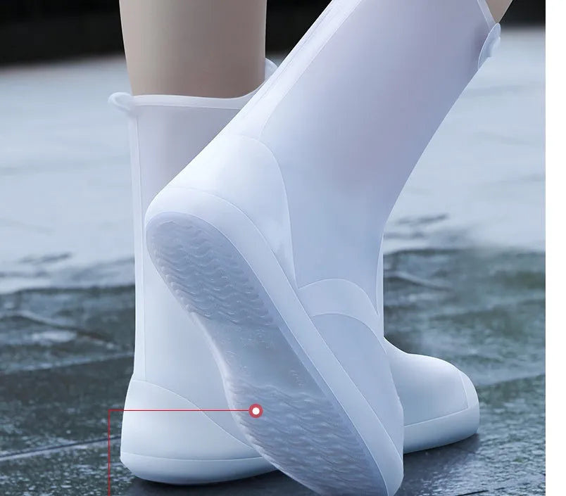 Women's white PVC high-top waterproof shoe covers with anti-skid soles for rainy day outdoor use