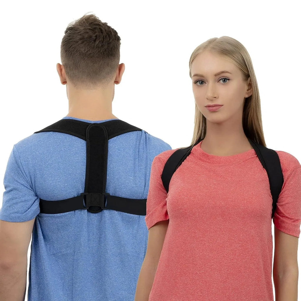 Black adjustable breathable posture correction strap laid flat.