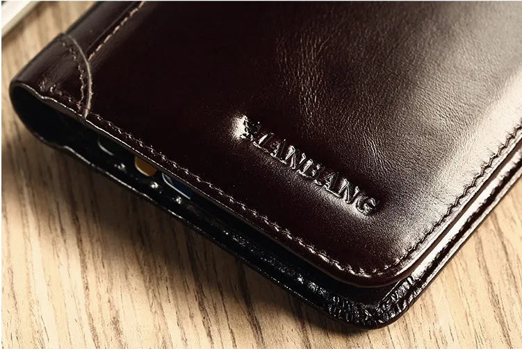Men's leather wallet showing internal card slots, coin compartment, and document section