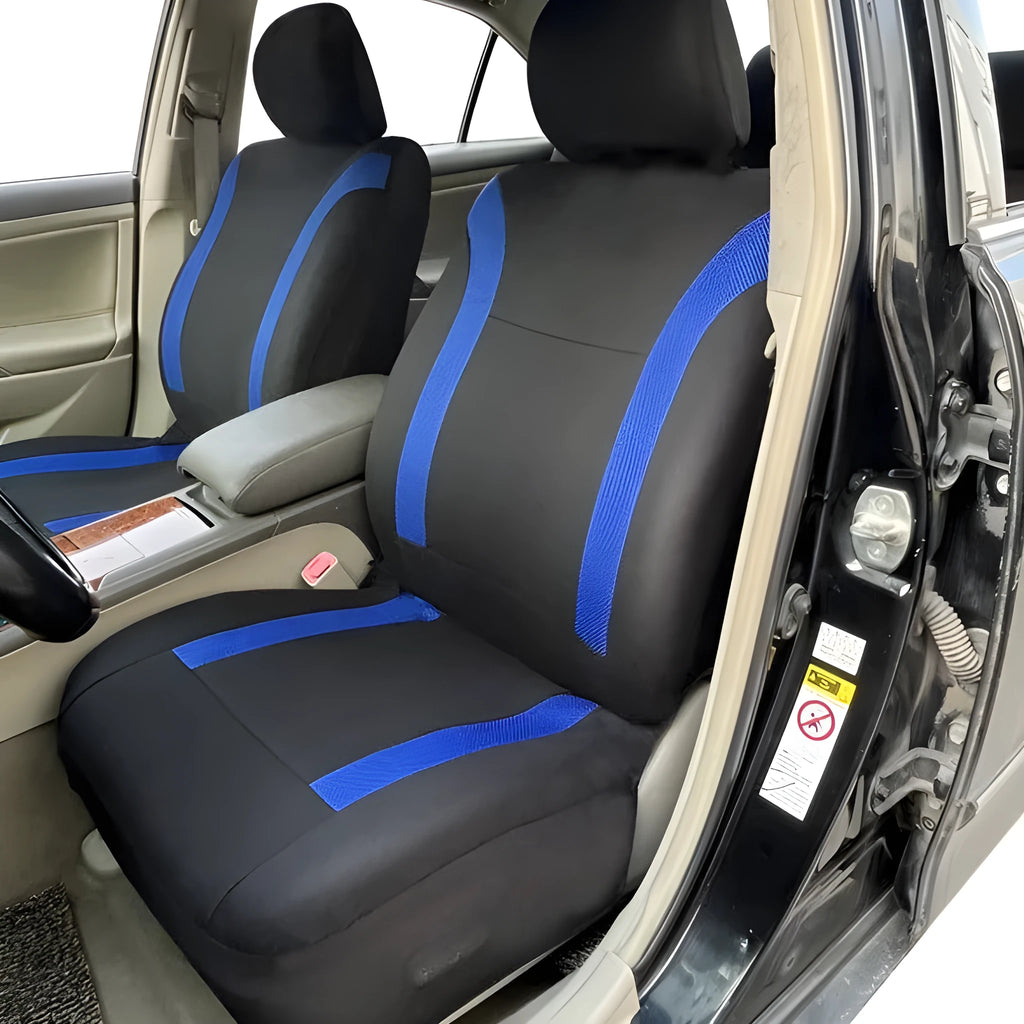 Blue polyester car seat cover with eyelet stitching on a vehicle front seat.