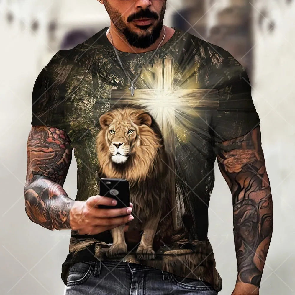 Men's grey T-shirt featuring a 3D printed Jesus design, short sleeves, made from breathable polyester.