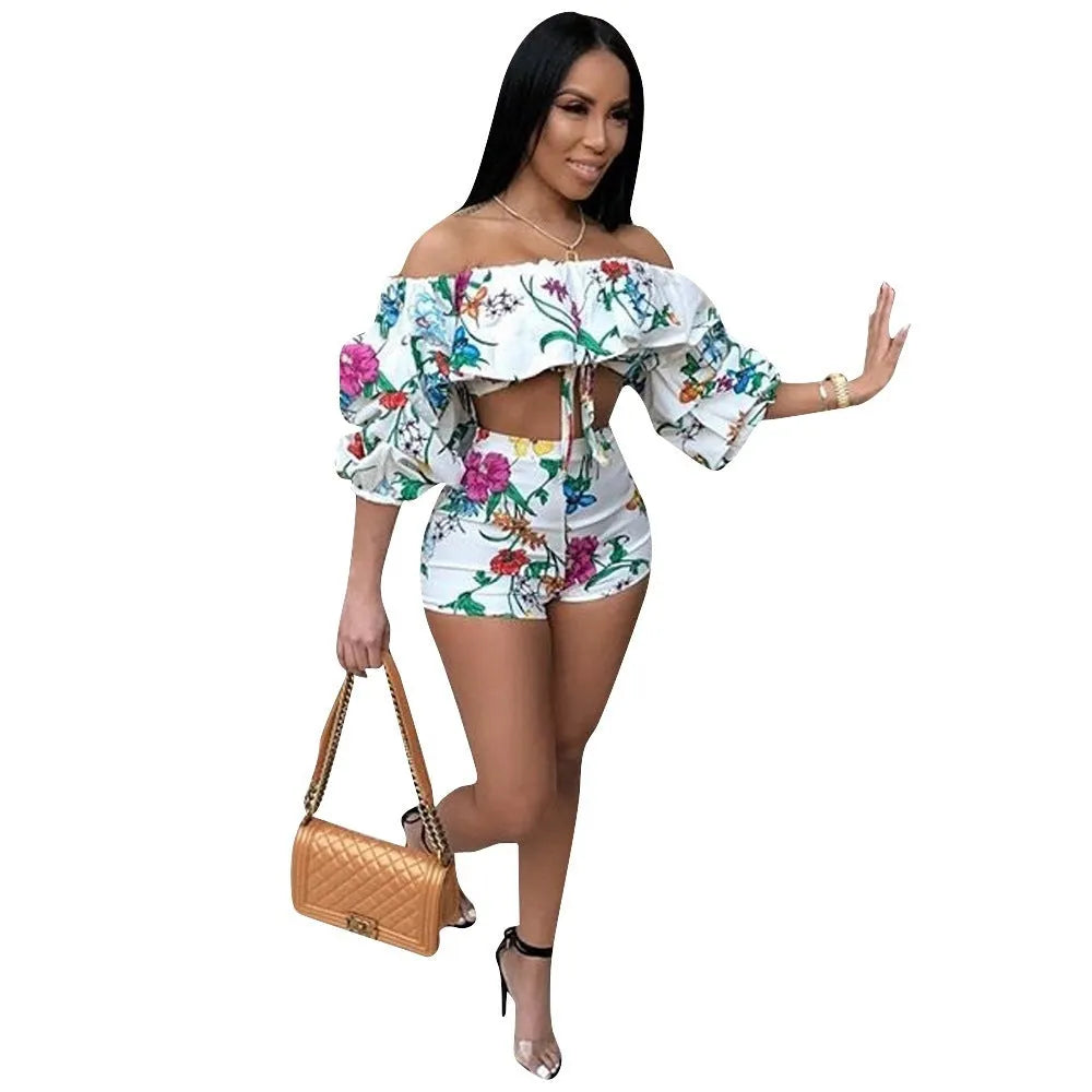 Women's two-piece pants suit with printed pile sleeves and matching shorts in multicolour digital print