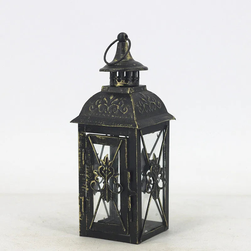 European style black and white wrought iron floor-standing storm lantern with tempered glass for courtyard decoration