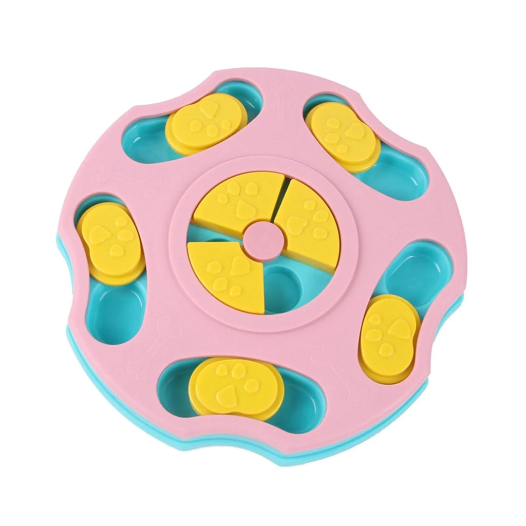 Blue and pink dog puzzle feeder toy for aggressive chewers with food bowl and interactive game design