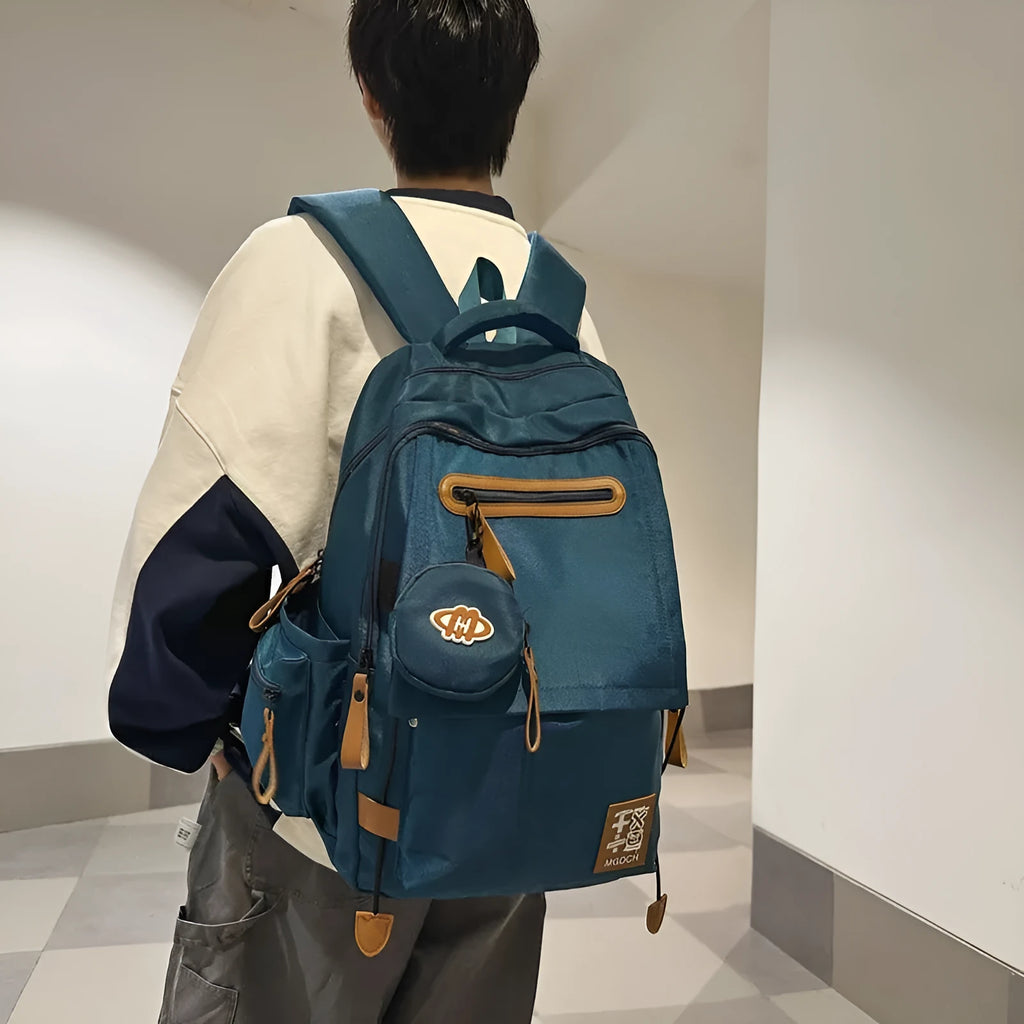 Large-capacity black nylon school backpack for junior high students with curved shoulder straps