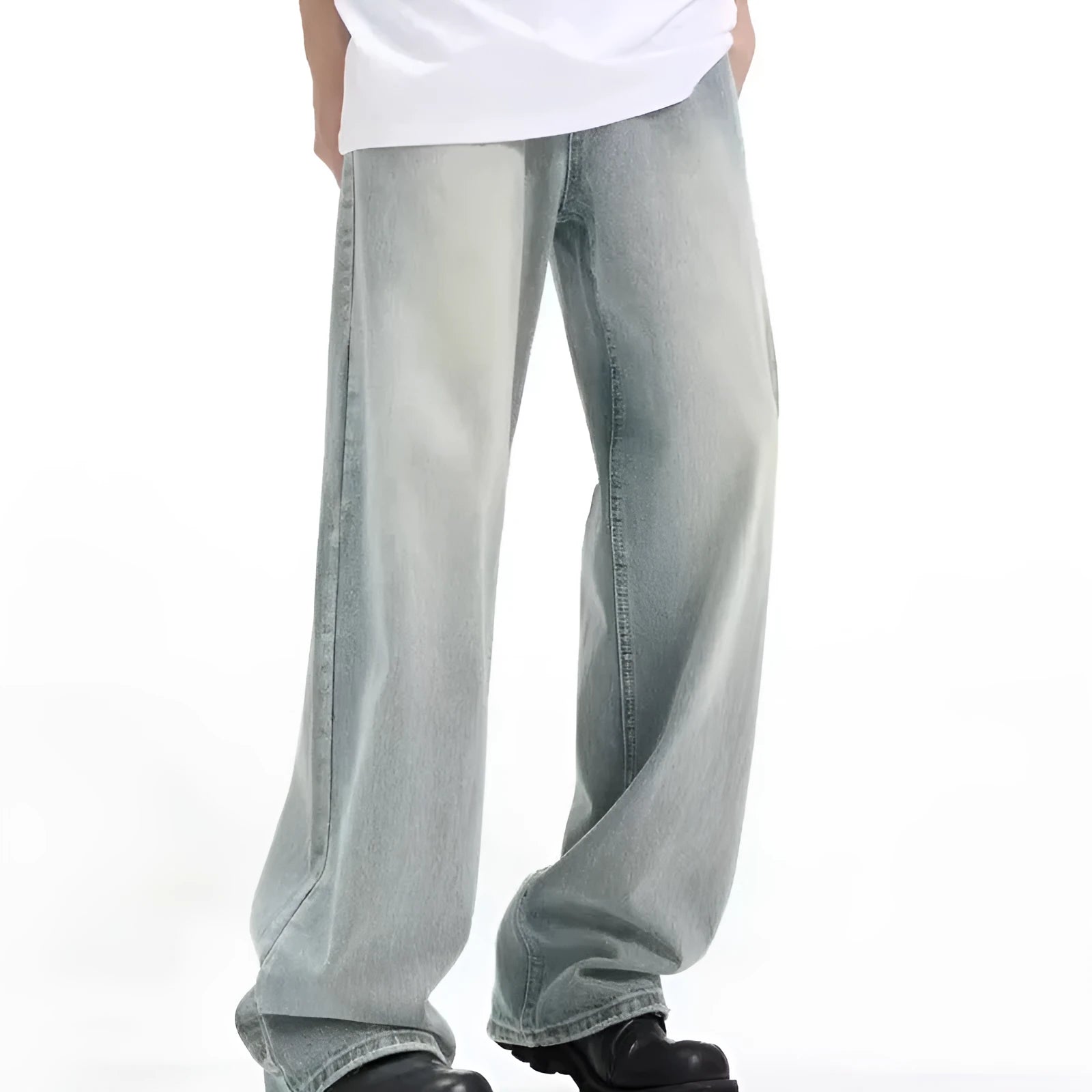 Blue loose-fit retro trousers made from rabbit fur fabric on a mannequin.