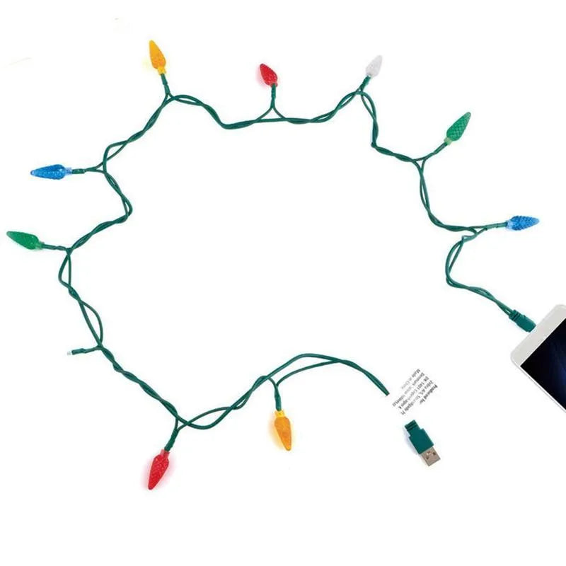 Green USB charging cable with ten flashing LED lights used for room decoration and night lighting