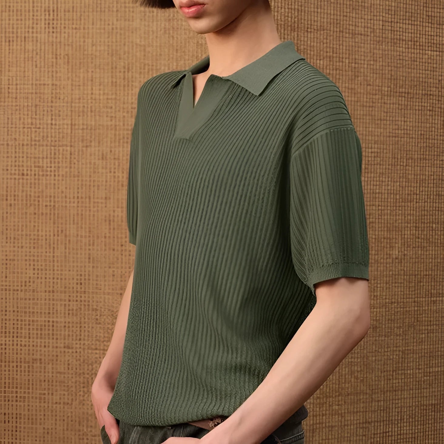 Men's creamy-white striped polo shirt with business collar on hanger
