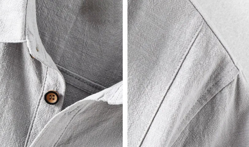 Men's loose fit linen and cotton casual shirt in a solid colour, shown in light grey.