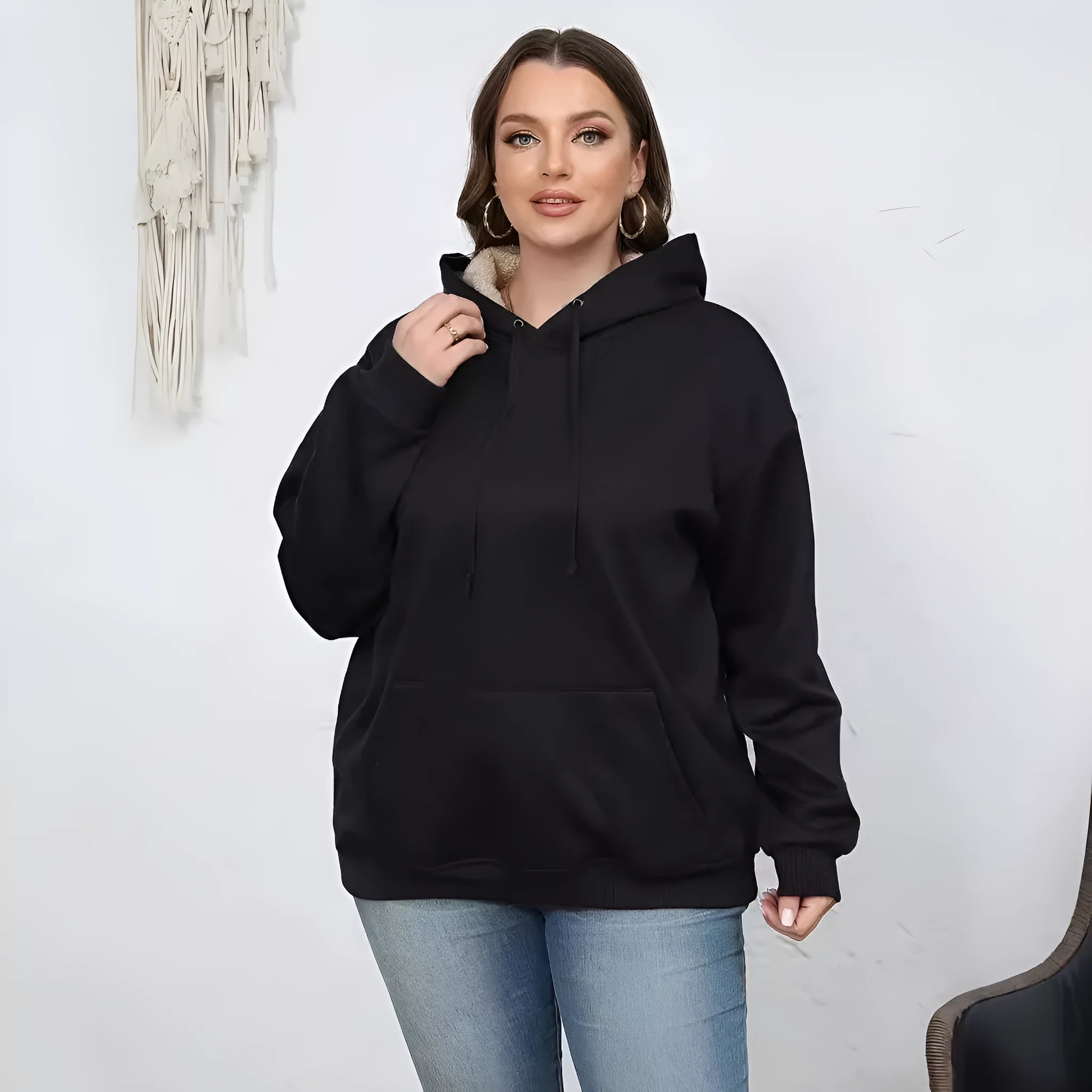 Women's thick pullover hoodie with 3D pattern in black, grey, red or navy featuring long sleeves and hood