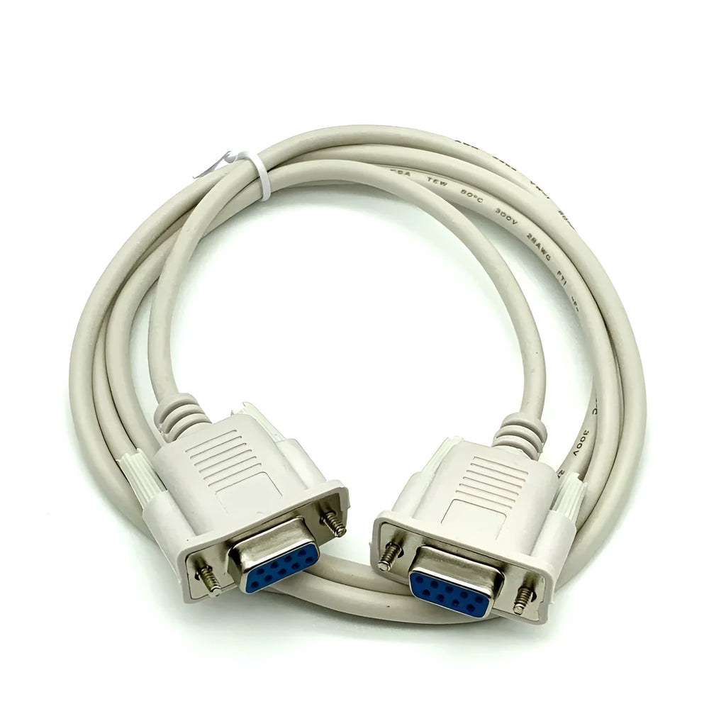 Milky white DB9 female to female RS232 serial cross cable, 1.5 metres long.