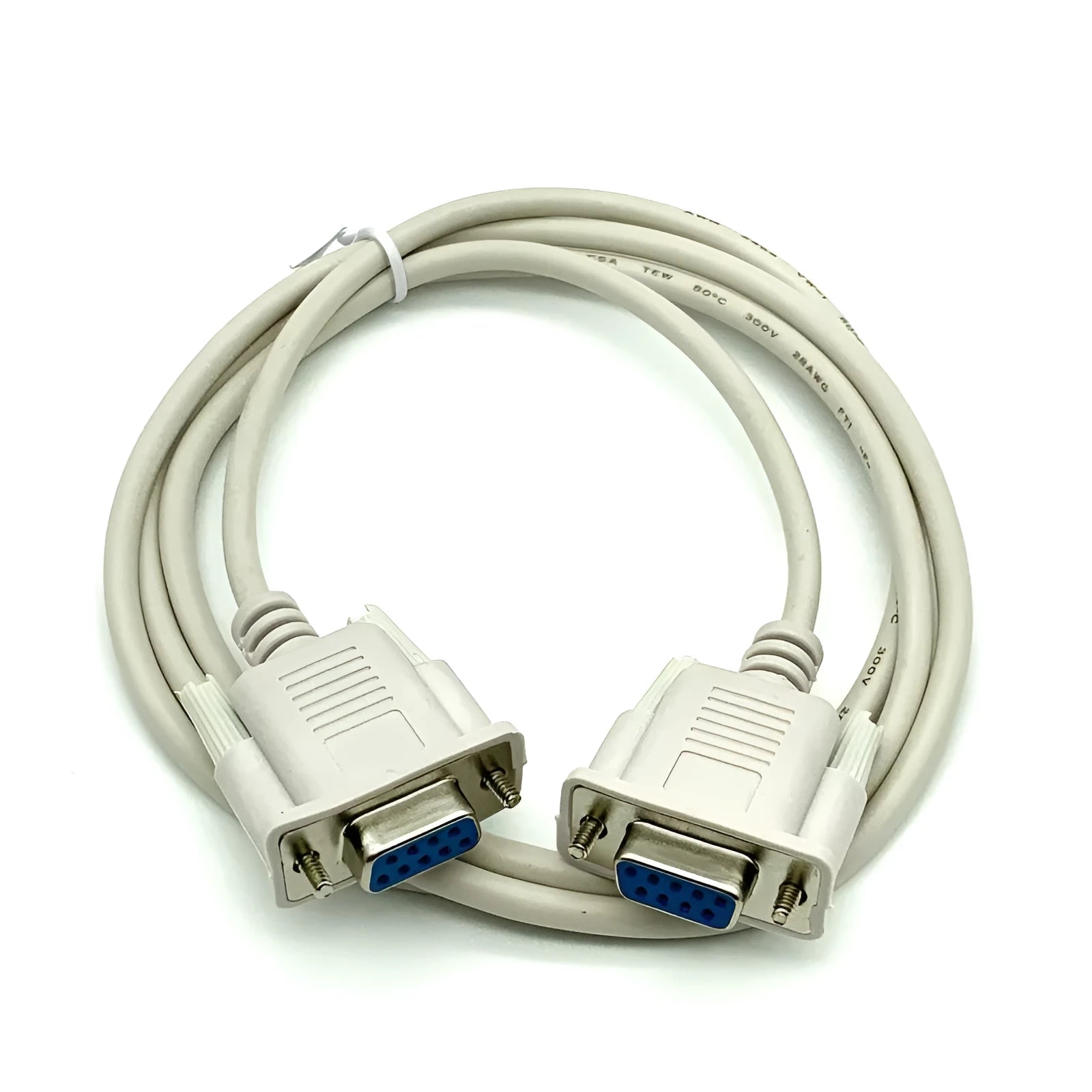 Milky white DB9 female to female RS232 serial cross cable, 1.5 metres long.