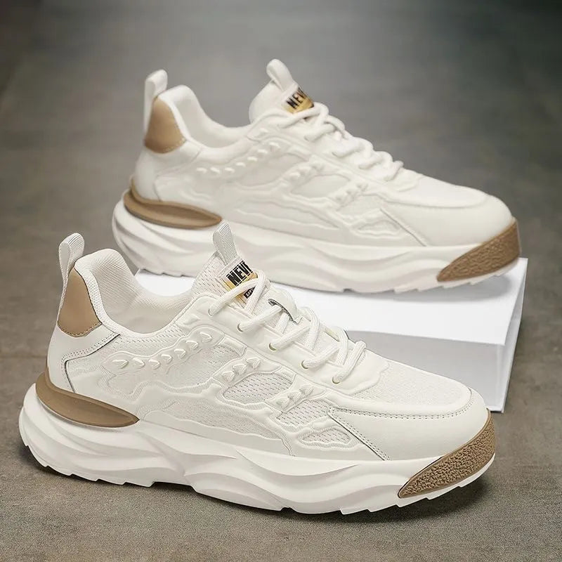 Men's white and black breathable mesh sports shoes with round-toe design and PU upper