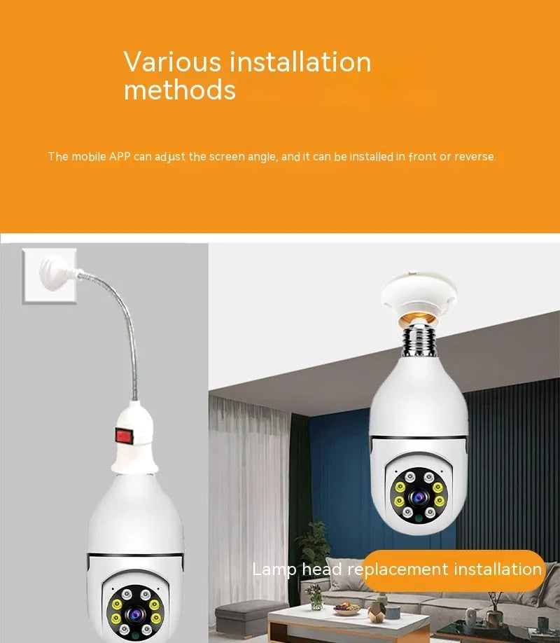 Wireless bulb security camera with 5cm diameter lamp head showing e27 fitting for standard light sockets