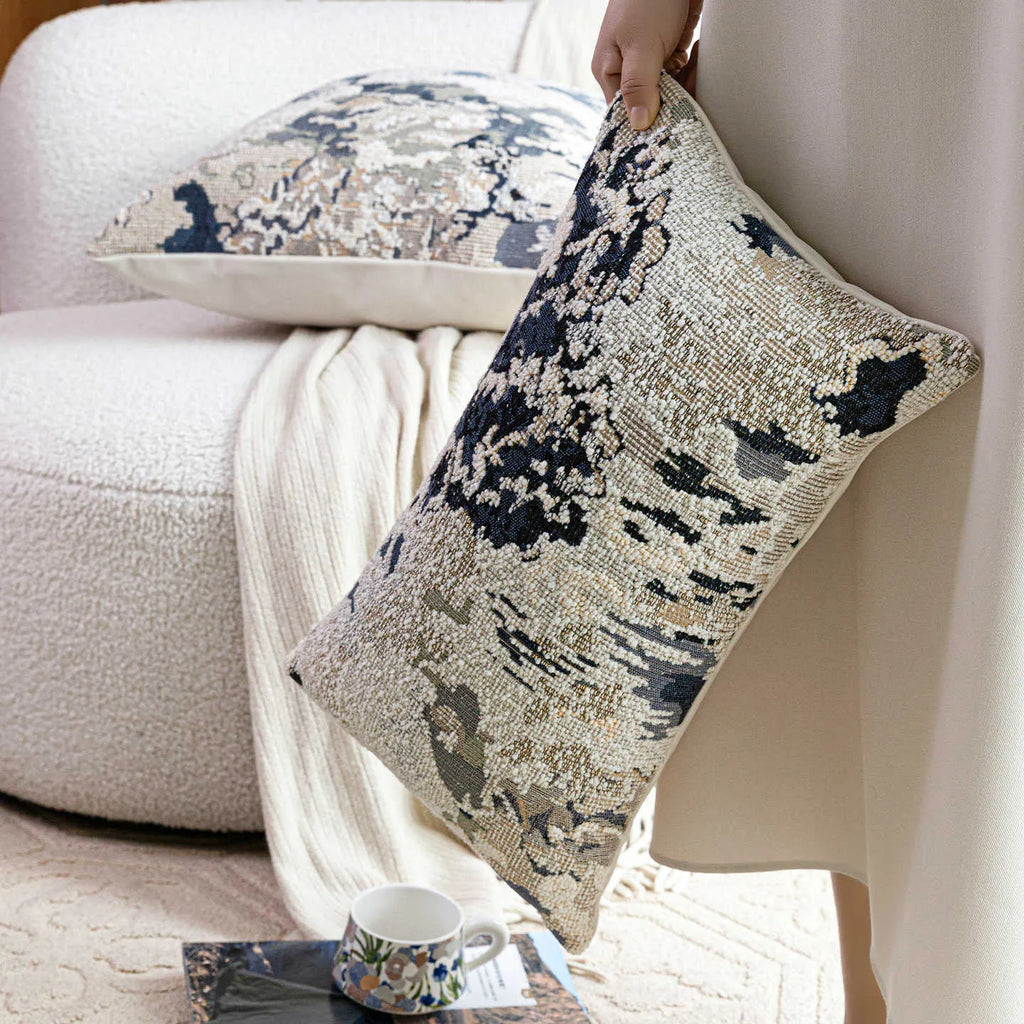 French style decorative cushion with abstract floral pattern in antique blue colour