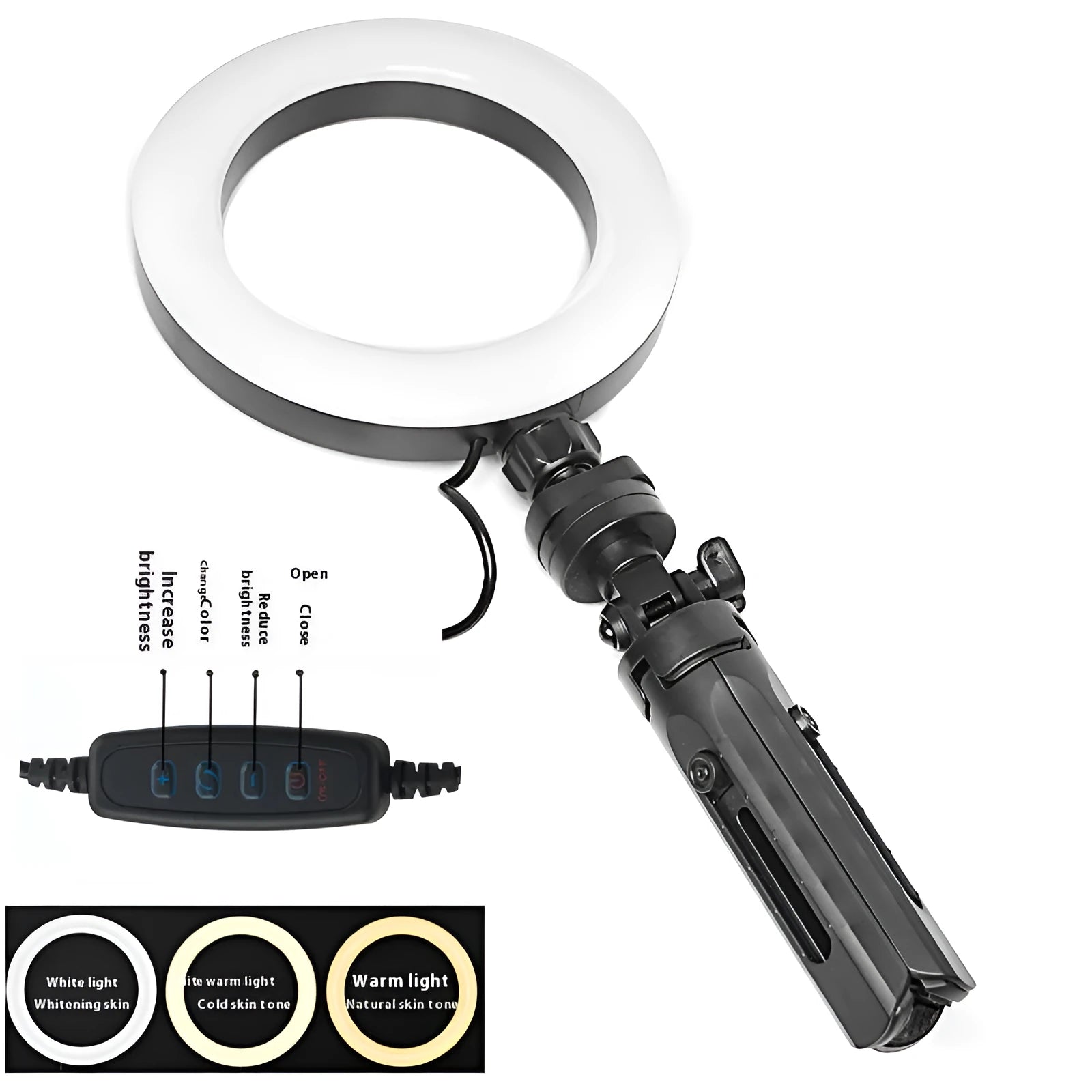Black desktop tripod with phone bracket and adjustable fill light for mobile video recording