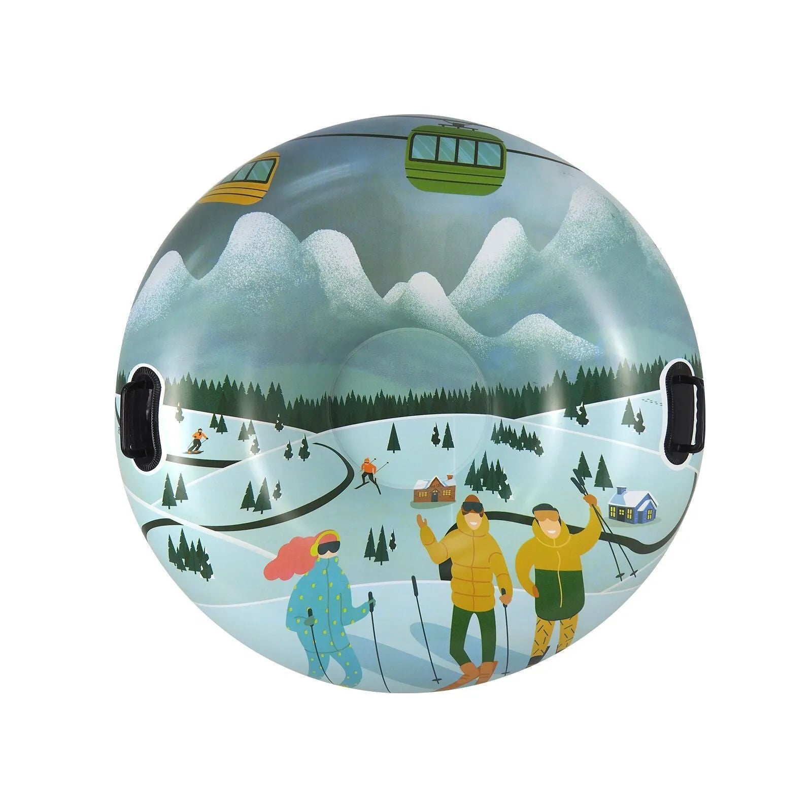 PVC winter ski ring toy in three colour options: snow mountain, ice-snow blue, and flame red designs