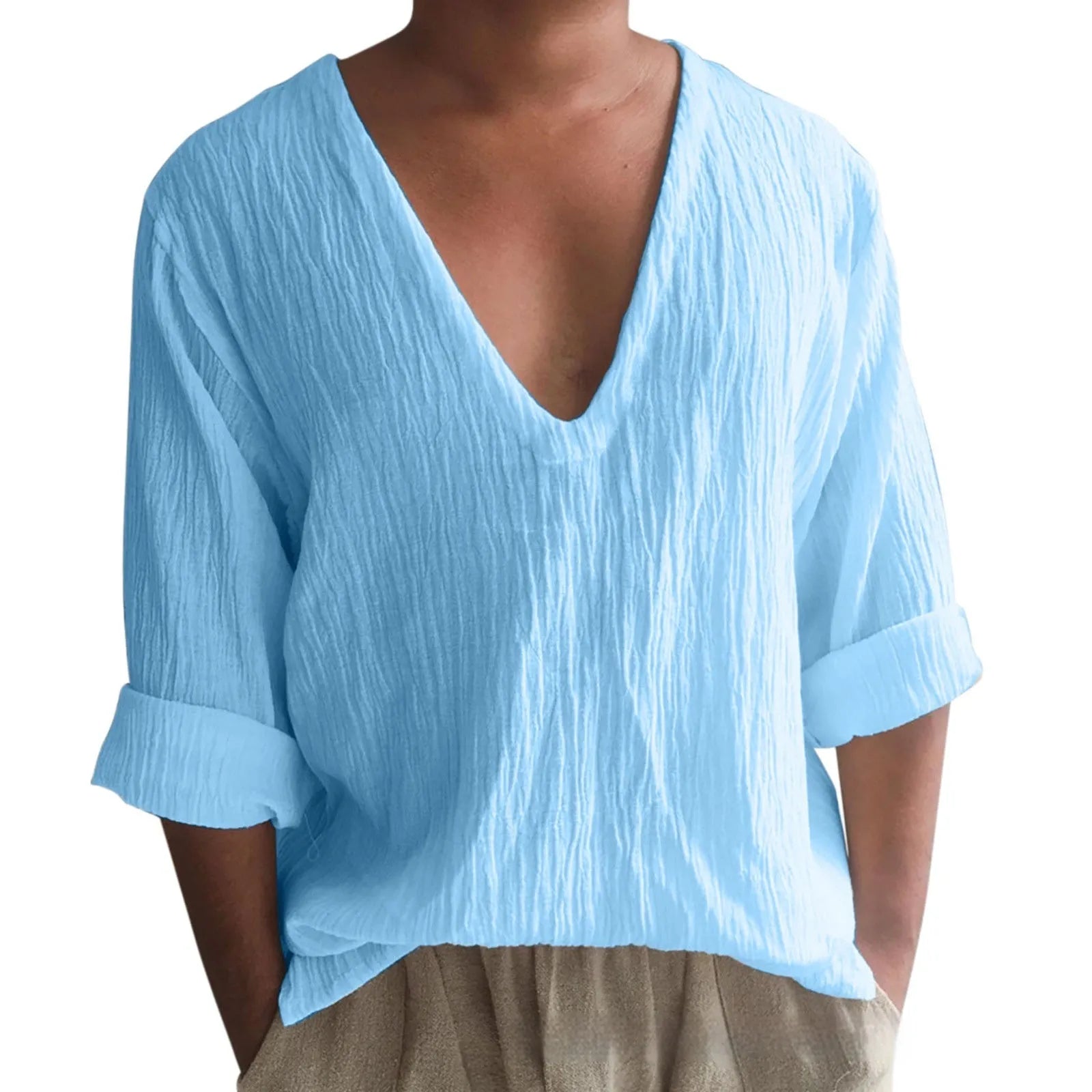 Men's long sleeve V-neck washed cotton t-shirt in solid colour British style pullover design