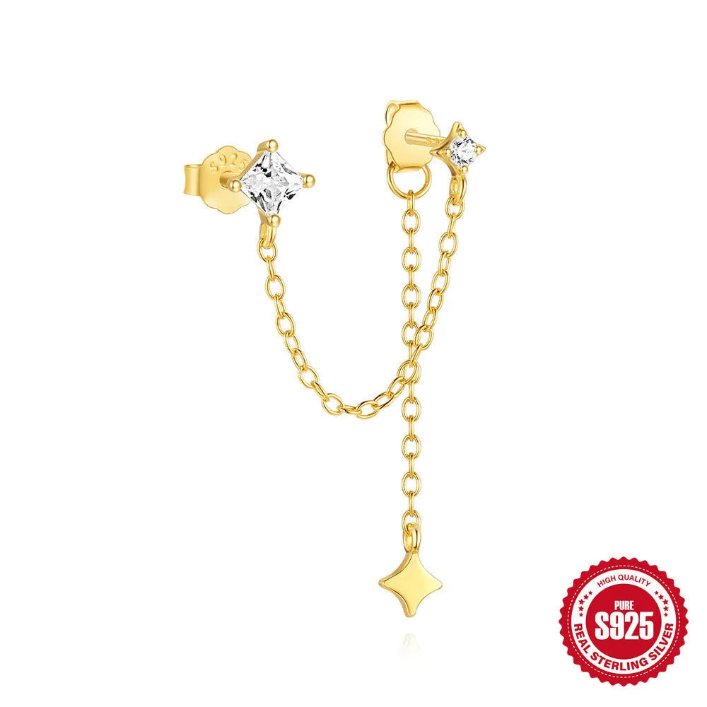 S925 sterling silver geometric chain stud earrings with inlaid zircon for double piercings in golden colour.