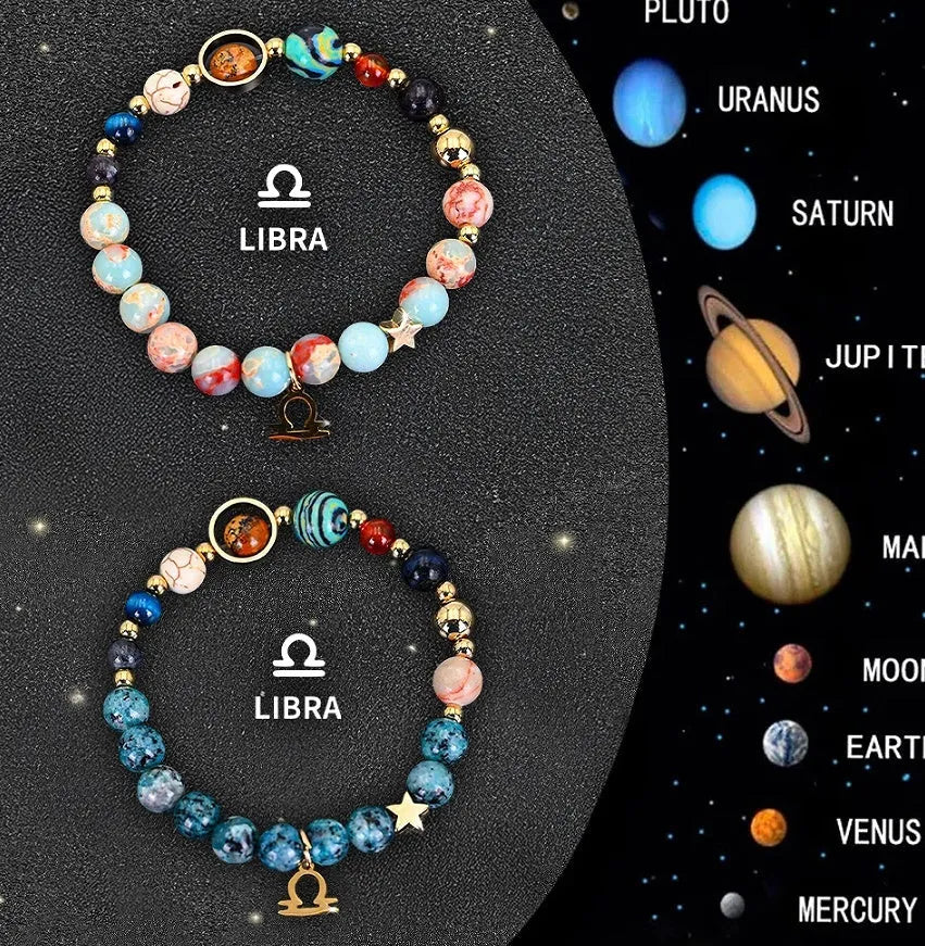 Set of two natural stone beaded bracelets for zodiac signs on a dark background.