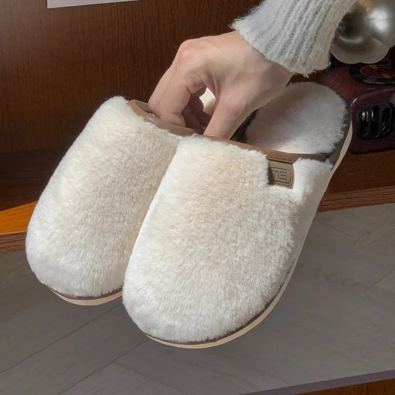 Solid colour winter plush house slippers with non-slip PVC sole in blue, brown, coffee, pink, or white