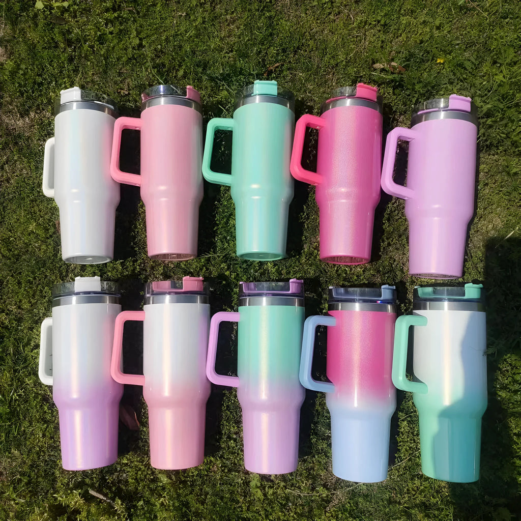 Large stainless steel vacuum insulated cup in a gradient colour option showing its height and simple style.